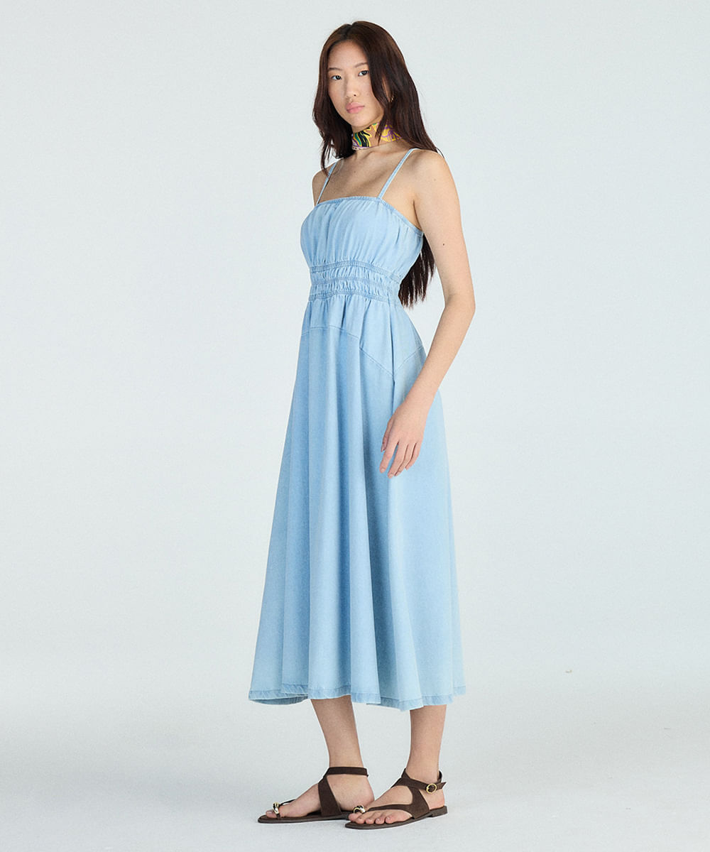 vestido midi feminino jeans alça fina azul