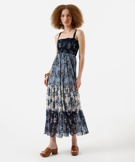 vestido midi feminino de tule com alças finas floral - azul claro