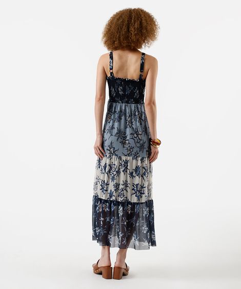 vestido midi feminino de tule com alças finas floral - azul claro