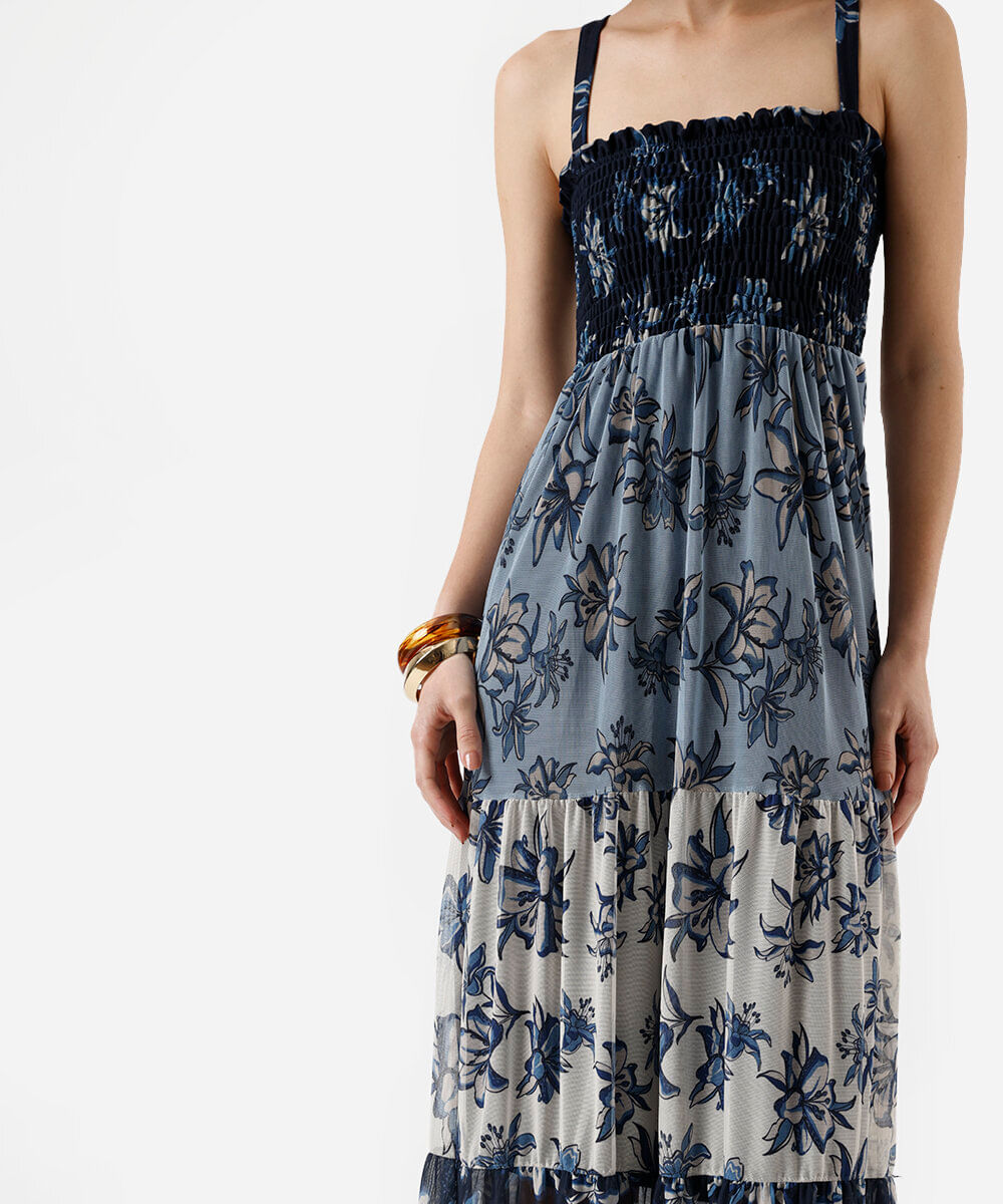vestido midi feminino de tule com alças finas floral - azul claro