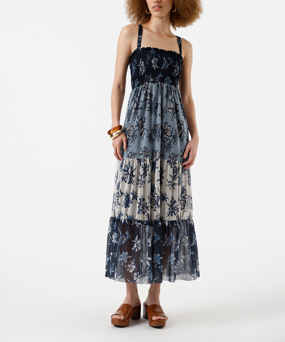 vestido midi feminino de tule com alças finas floral - azul claro