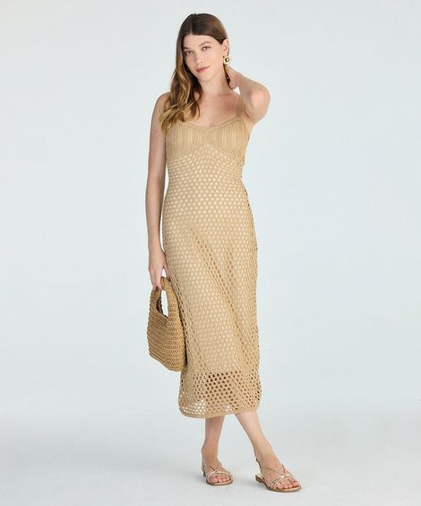 vestido midi feminino de tricot texturizado bege