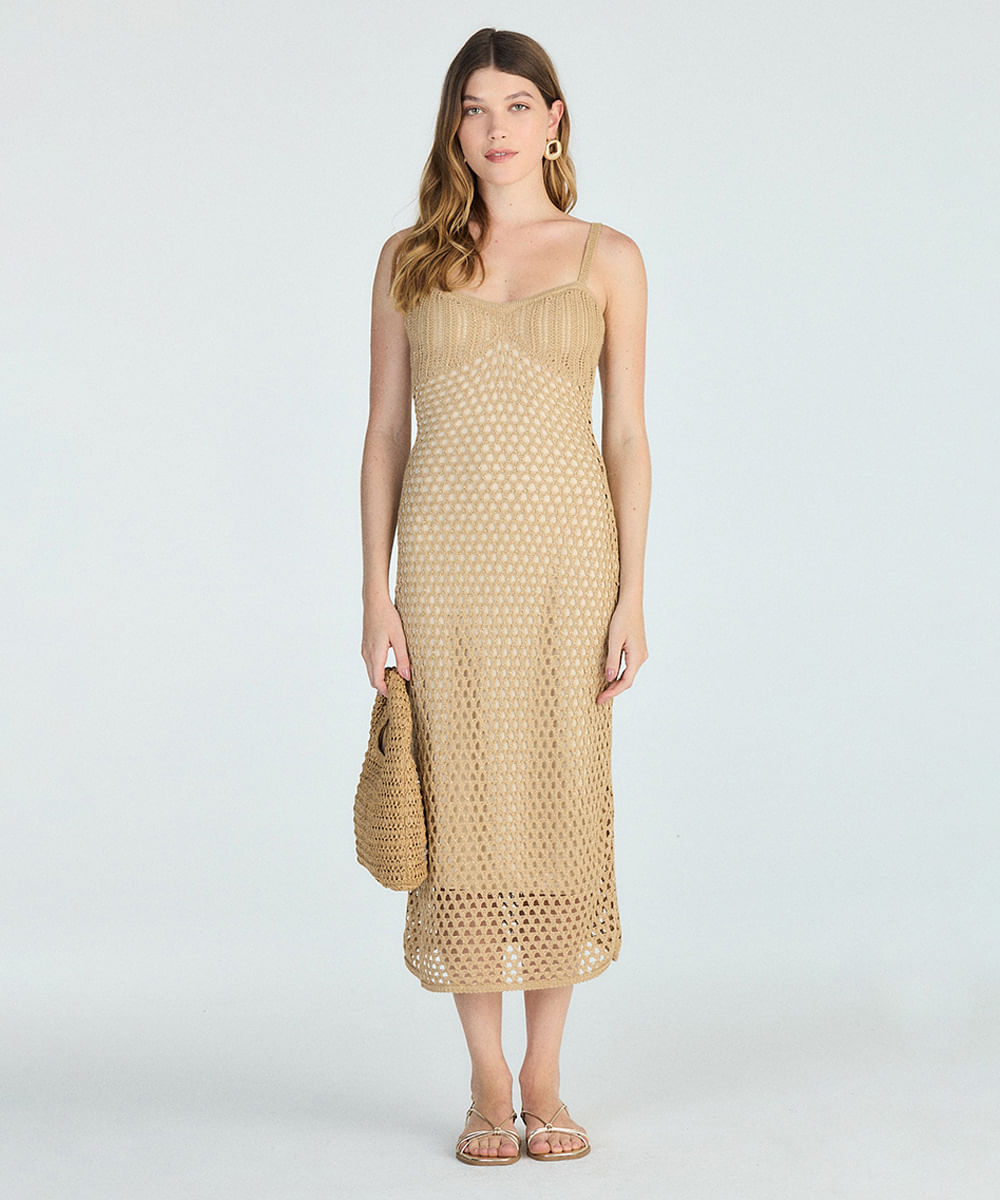 vestido midi feminino de tricot texturizado bege