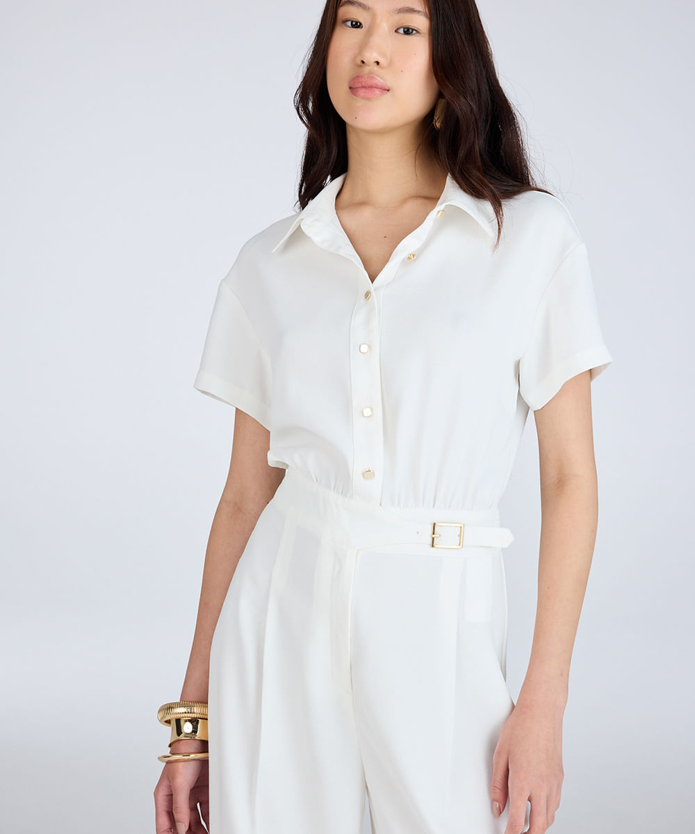 macacão longo feminino de alfaiataria com fivela off white
