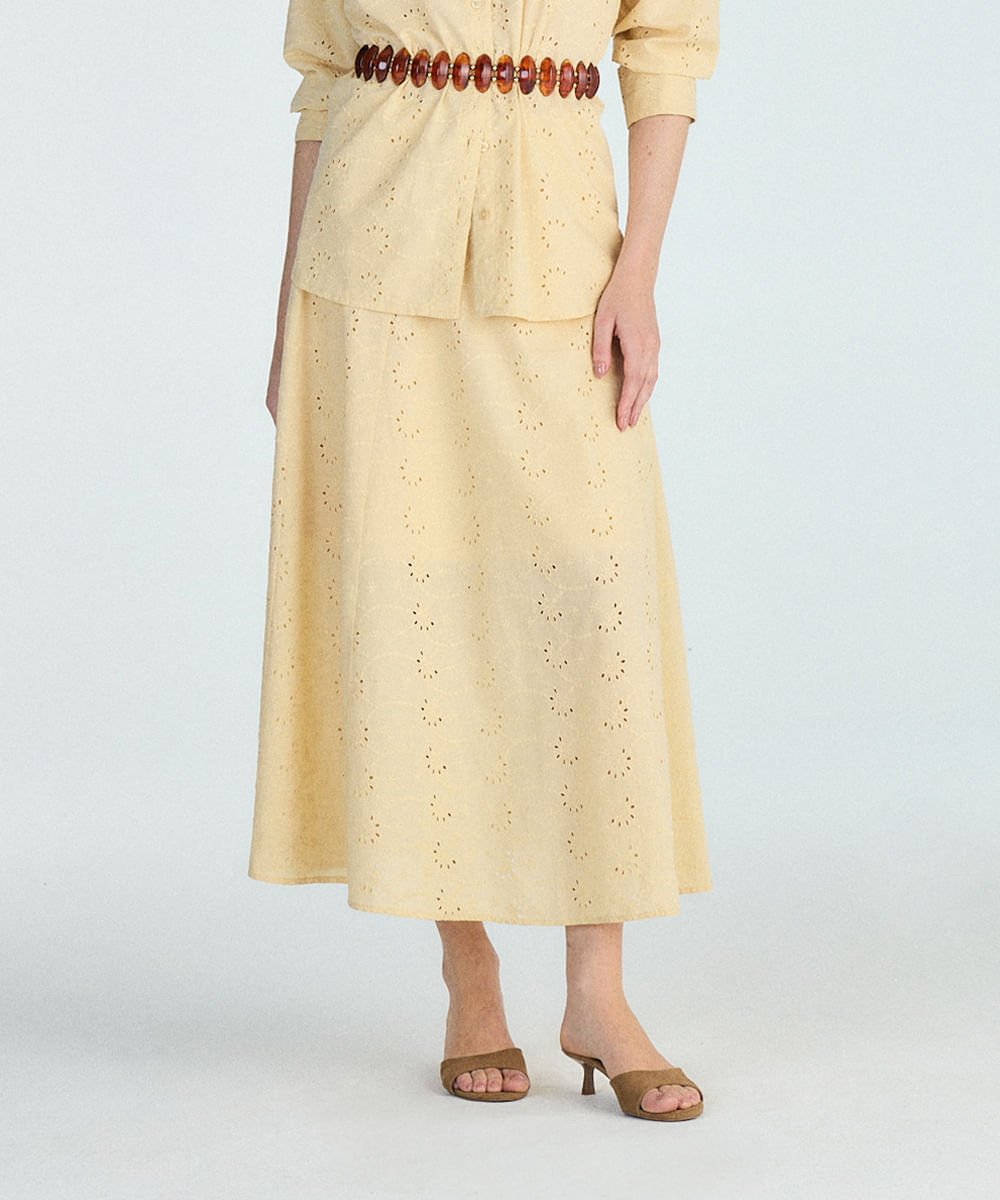 saia midi evasê feminina de laise amarela