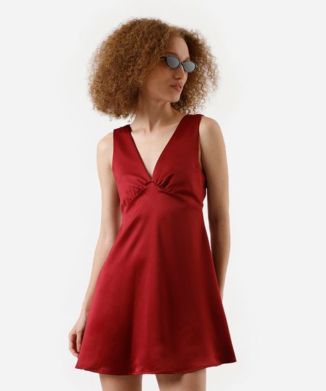 vestido curto feminino acetinado decote v vinho