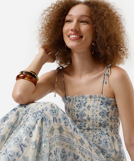 vestido midi feminino com maria estampado - bege claro