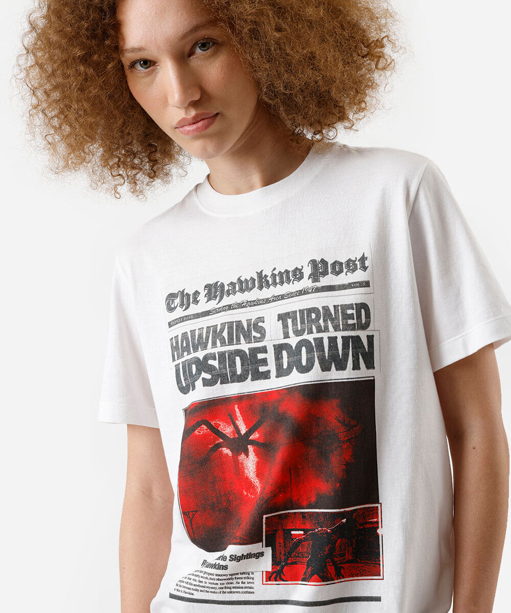 camiseta feminina de algodão stranger things off white