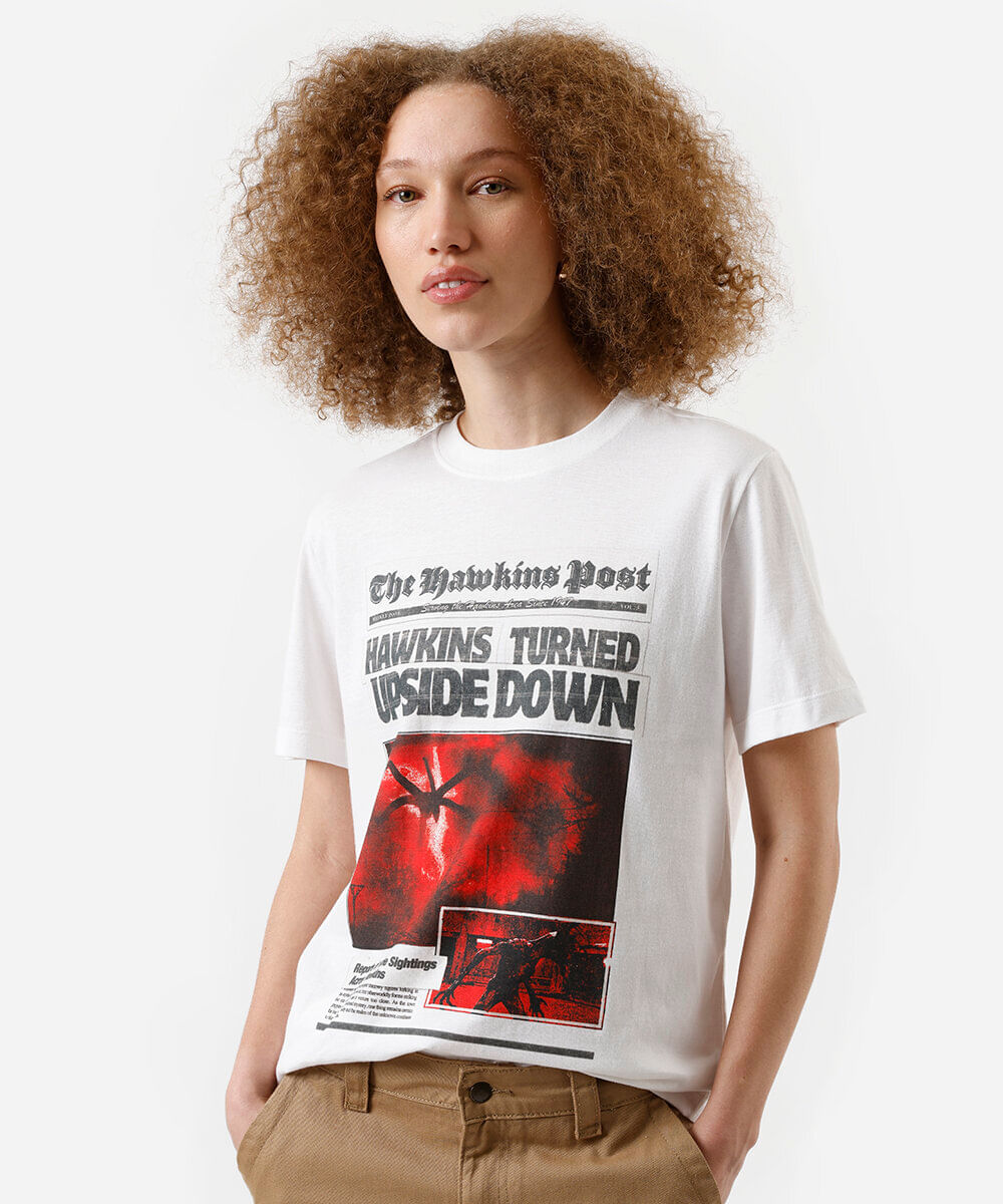 camiseta feminina de algodão stranger things off white