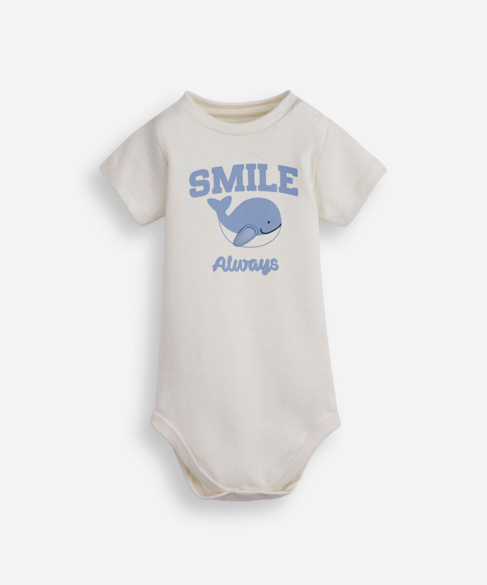 body infantil de algodão manga curta estampado off white
