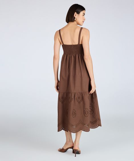 vestido midi alça fina feminino de algodão com recorte bordado marrom