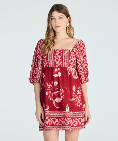 vestido curto feminino manga bufante floral vermelho