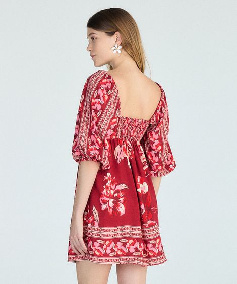 vestido curto feminino manga bufante floral vermelho