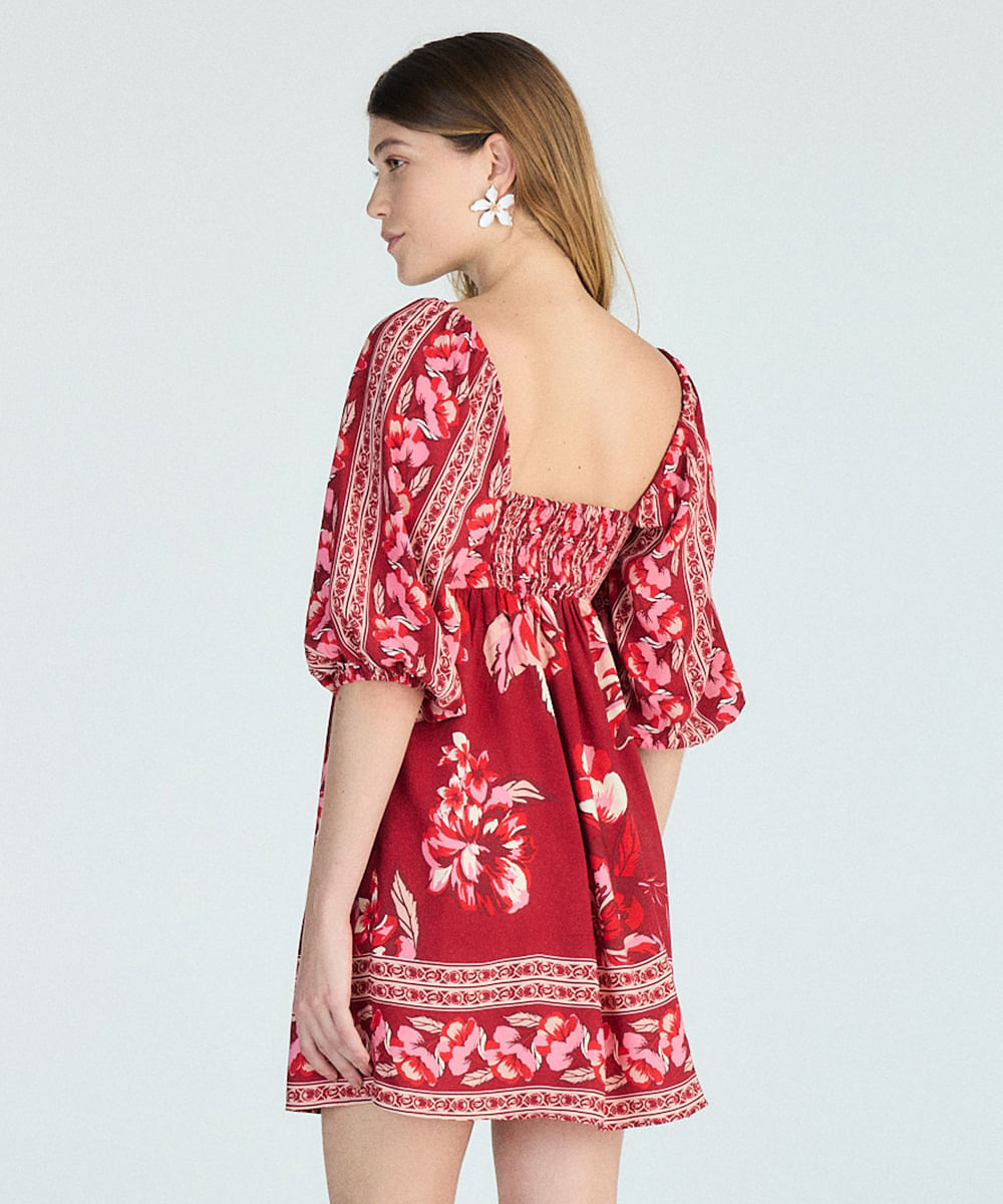 vestido curto feminino manga bufante floral vermelho