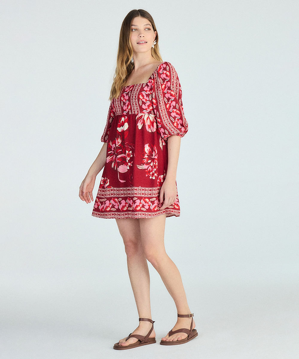 vestido curto feminino manga bufante floral vermelho