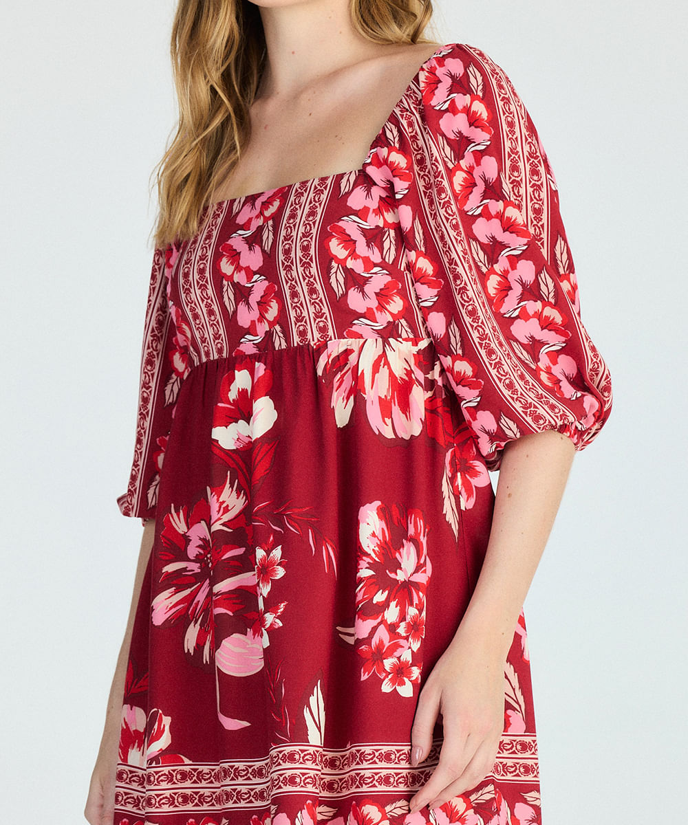vestido curto feminino manga bufante floral vermelho