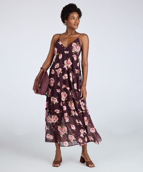vestido longo alça fina feminino com recortes floral colorido