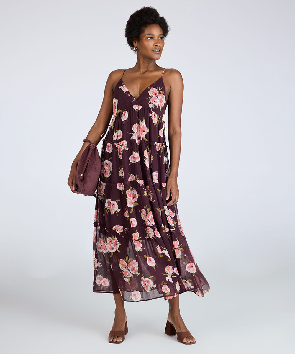 vestido longo alça fina feminino com recortes floral colorido
