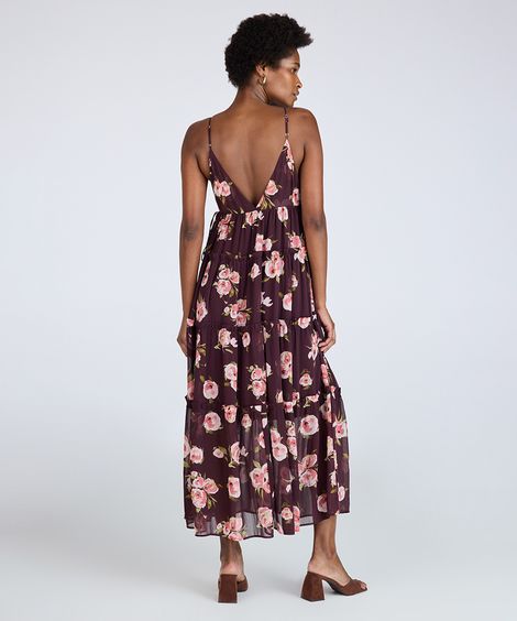 vestido longo alça fina feminino com recortes floral colorido