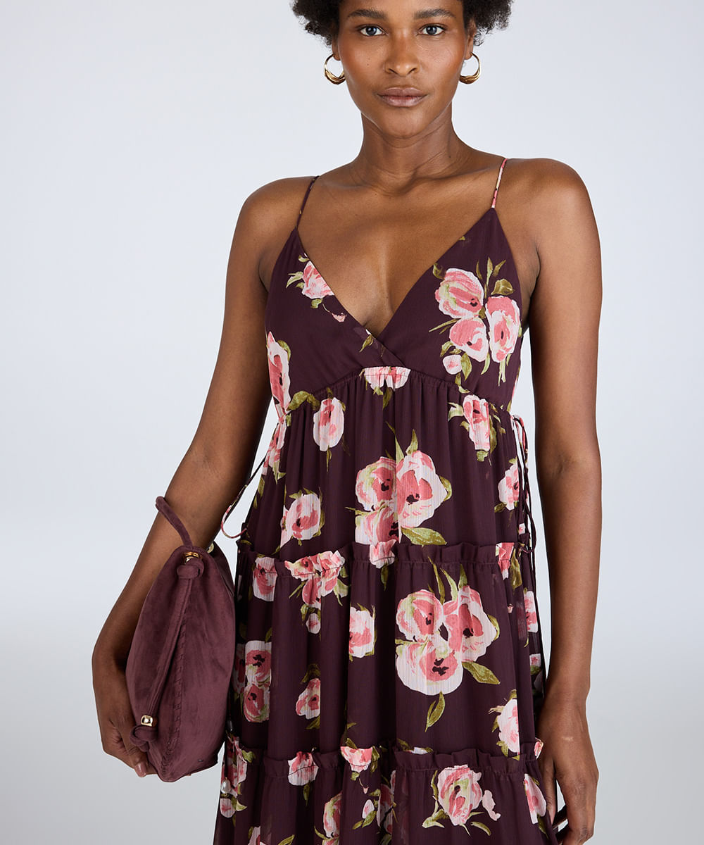 vestido longo alça fina feminino com recortes floral colorido