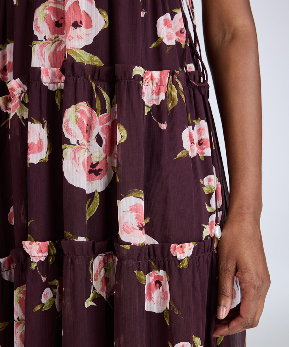 vestido longo alça fina feminino com recortes floral colorido