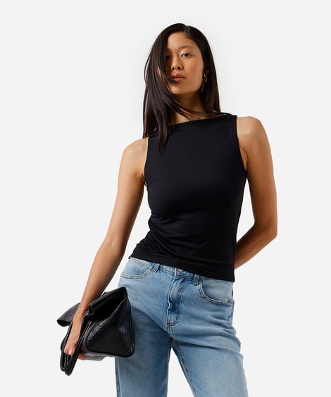 regata feminina de poliamida decote canoa preta