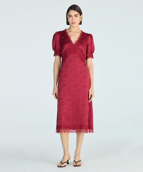 vestido midi feminino acetinado com renda - vinho