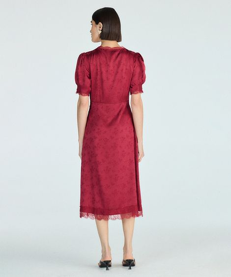 vestido midi feminino acetinado com renda - vinho