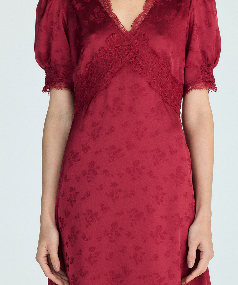 vestido midi feminino acetinado com renda - vinho