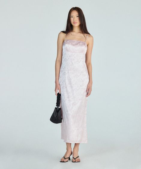 vestido jacquard feminino acetinado floral rosa