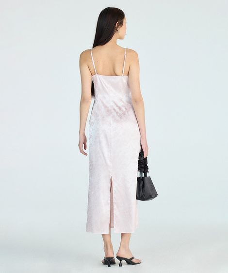 vestido jacquard feminino acetinado floral rosa