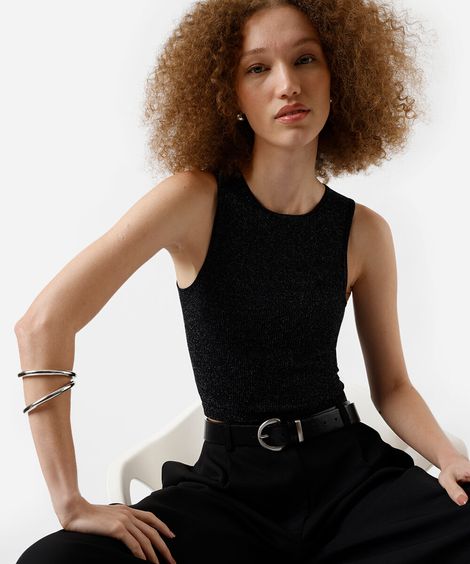 regata feminina em poliamida canelada com lurex preto