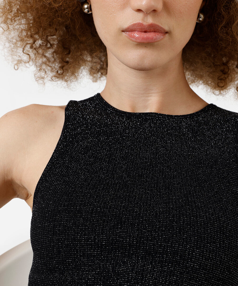 regata feminina em poliamida canelada com lurex preto