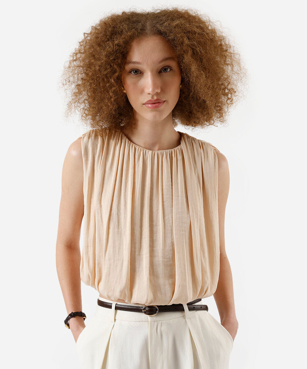 regata balonê feminina com franzidos bege