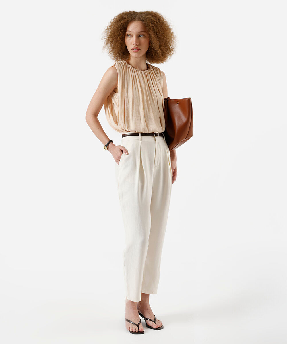 regata balonê feminina com franzidos bege