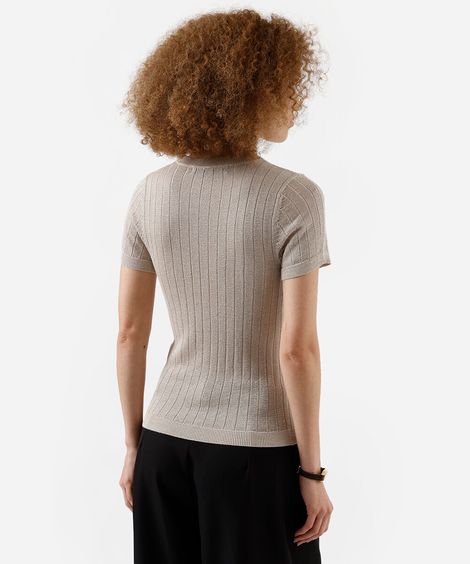 blusa feminina de tricot canelada com lurex bege