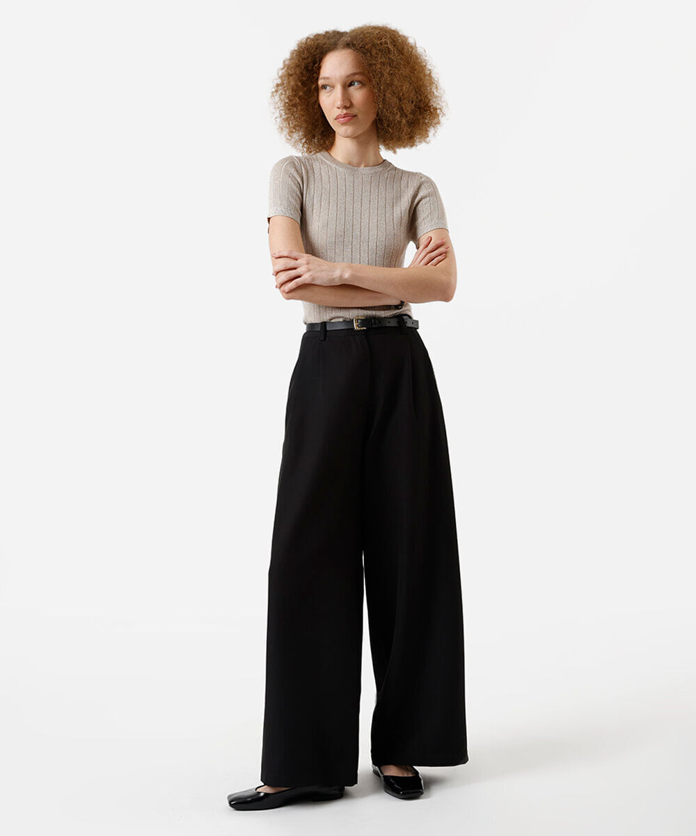 blusa feminina de tricot canelada com lurex bege