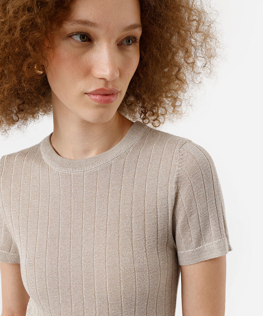 blusa feminina de tricot canelada com lurex bege