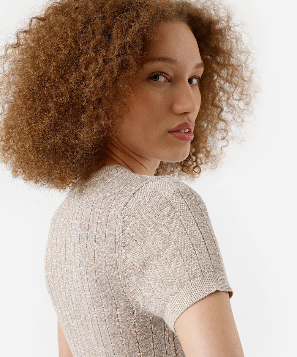 blusa feminina de tricot canelada com lurex bege