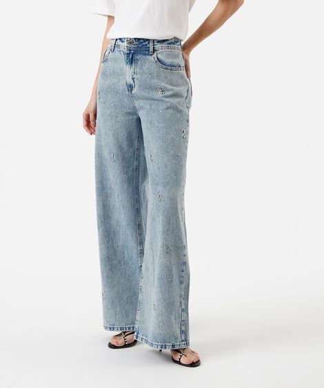 calça jeans wide leg feminina em algodão com brilhos azul