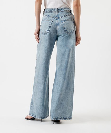 calça jeans wide leg feminina em algodão com brilhos azul
