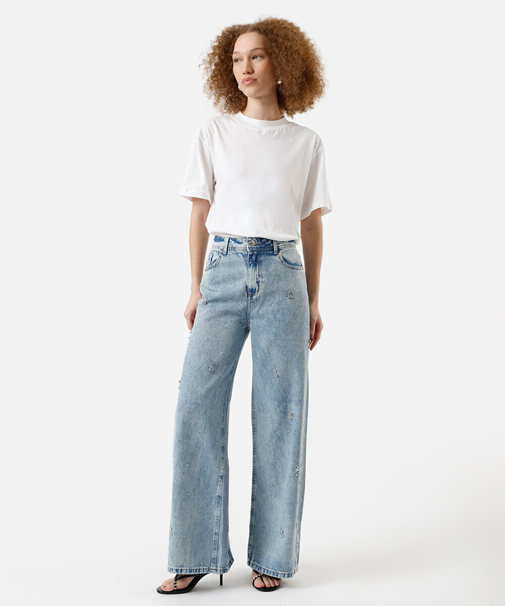 calça jeans wide leg feminina em algodão com brilhos azul