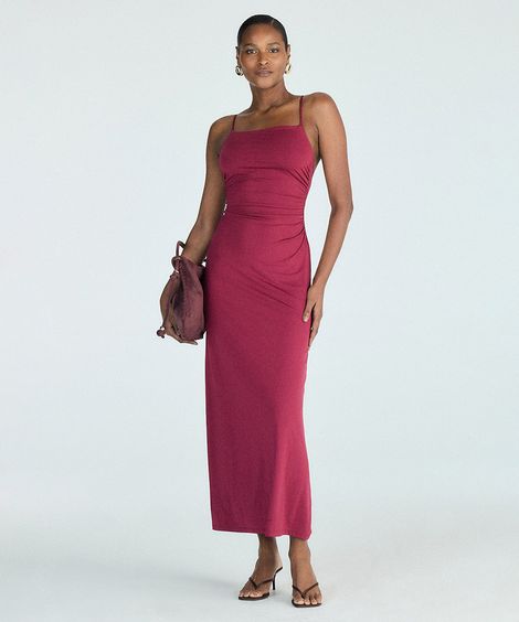 vestido longo alça fina feminino com franzidos vermelho