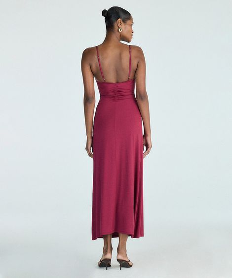vestido longo alça fina feminino com franzidos vermelho