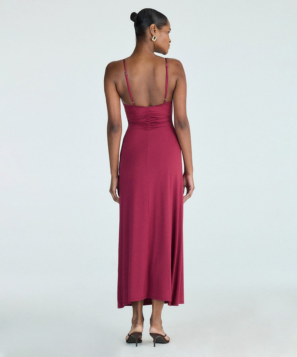 vestido longo alça fina feminino com franzidos vermelho