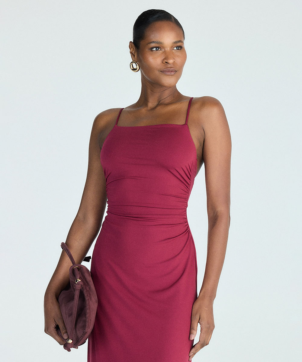 vestido longo alça fina feminino com franzidos vermelho