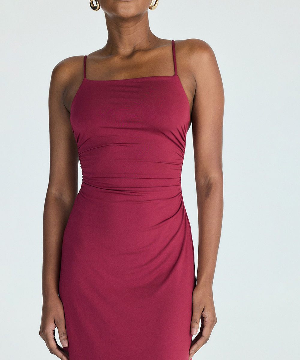 vestido longo alça fina feminino com franzidos vermelho