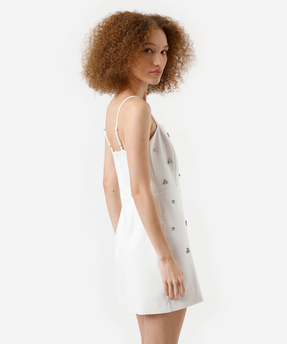 vestido curto alça fina com brilhos off white