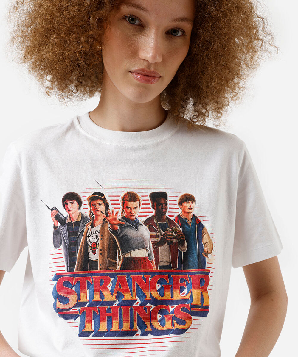 camiseta feminina de algodão stranger things off white