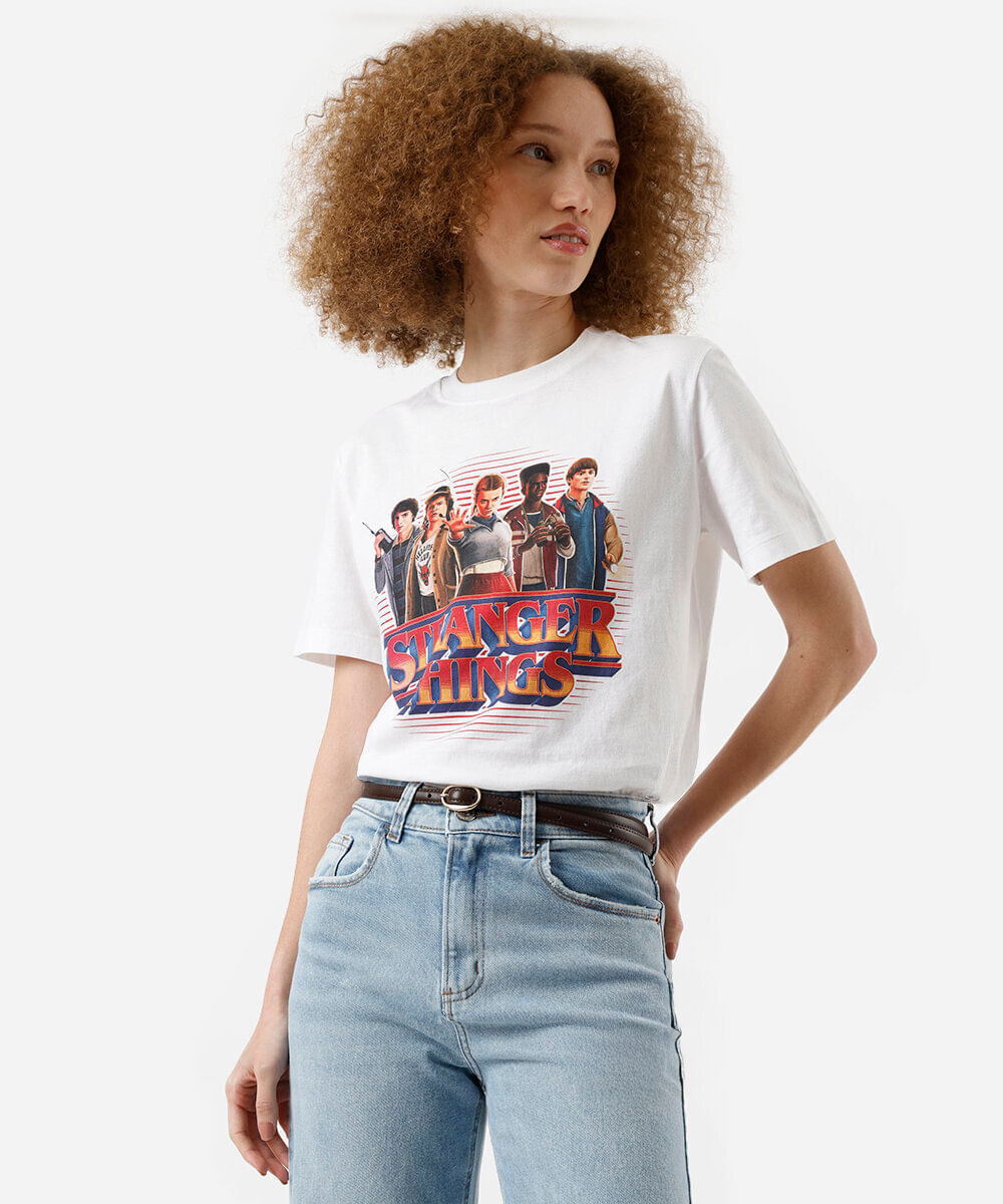 camiseta feminina de algodão stranger things off white